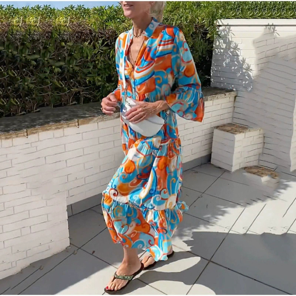 ZARA Summer Chic Printed Collar High Waist Flared Maxi Slimming Dress for Women